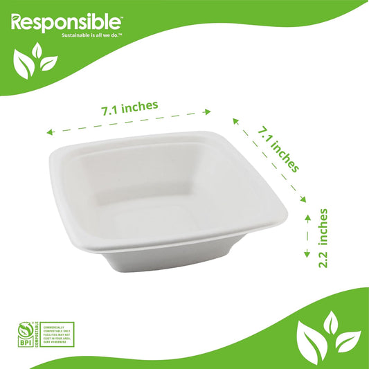 100% Compostable Square Serving Bowls, 24 oz Disposable Paper Bowls, Microwave Safe, Freezer Safe, Soup Safe, No Plastic, Eco-Friendly, Tree-Free, No PFAS. White (400 Count)