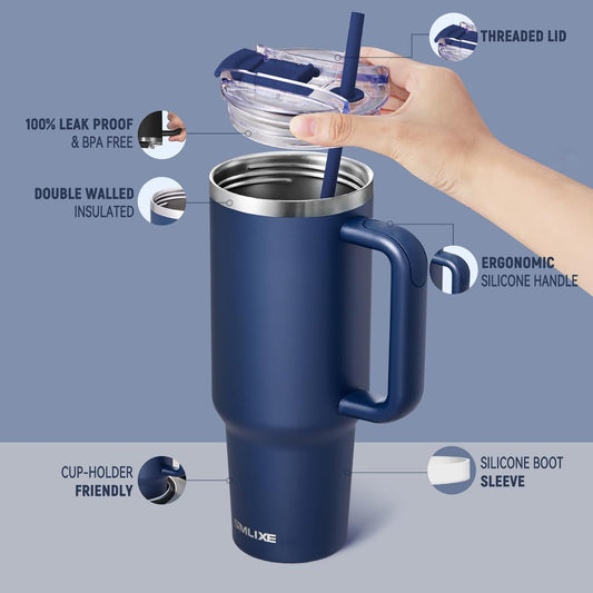 40 oz Tumbler with Handle and Straw Lid,Insulated Reusable Stainless Steel Water Bottle Travel Mug，Cupholder Friendly Double Wall Vacuum Sealed Cup (Navy)