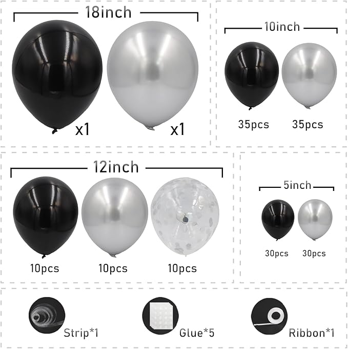 Black and Silver Balloons Arch Kit, 162pcs Different Sizes with Black Metallic Silver Confetti Balloons for Prom Anniversary Birthday 2025 Graduation Party Decorations