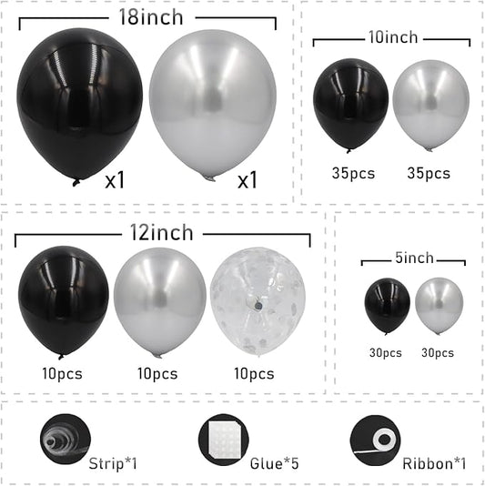 Black and Silver Balloons Arch Kit, 162pcs Different Sizes with Black Metallic Silver Confetti Balloons for Prom Anniversary Birthday 2025 Graduation Party Decorations