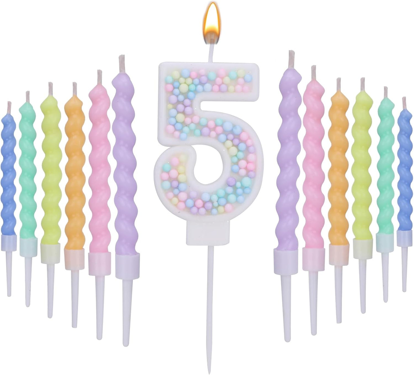 Number 5 Birthday Candles for Cake with 16 Pieces Spiral Candles with Macaron Pastel Rainbow Pink Cake Toppers for Girls Happy Birthday Party Decorations