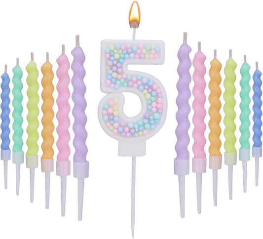 Number 5 Birthday Candles for Cake with 16 Pieces Spiral Candles with Macaron Pastel Rainbow Pink Cake Toppers for Girls Happy Birthday Party Decorations