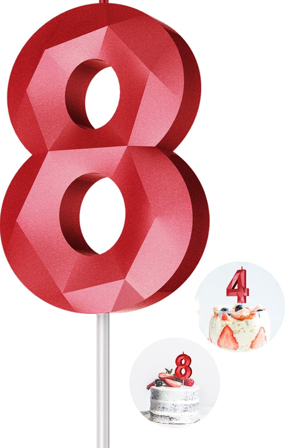 Number Birthday Candles(8 Candle Red) 3D Diamond Shape Number Happy Birthday Cake Candles for Birthday Party Wedding Decoration Reunions Theme Party