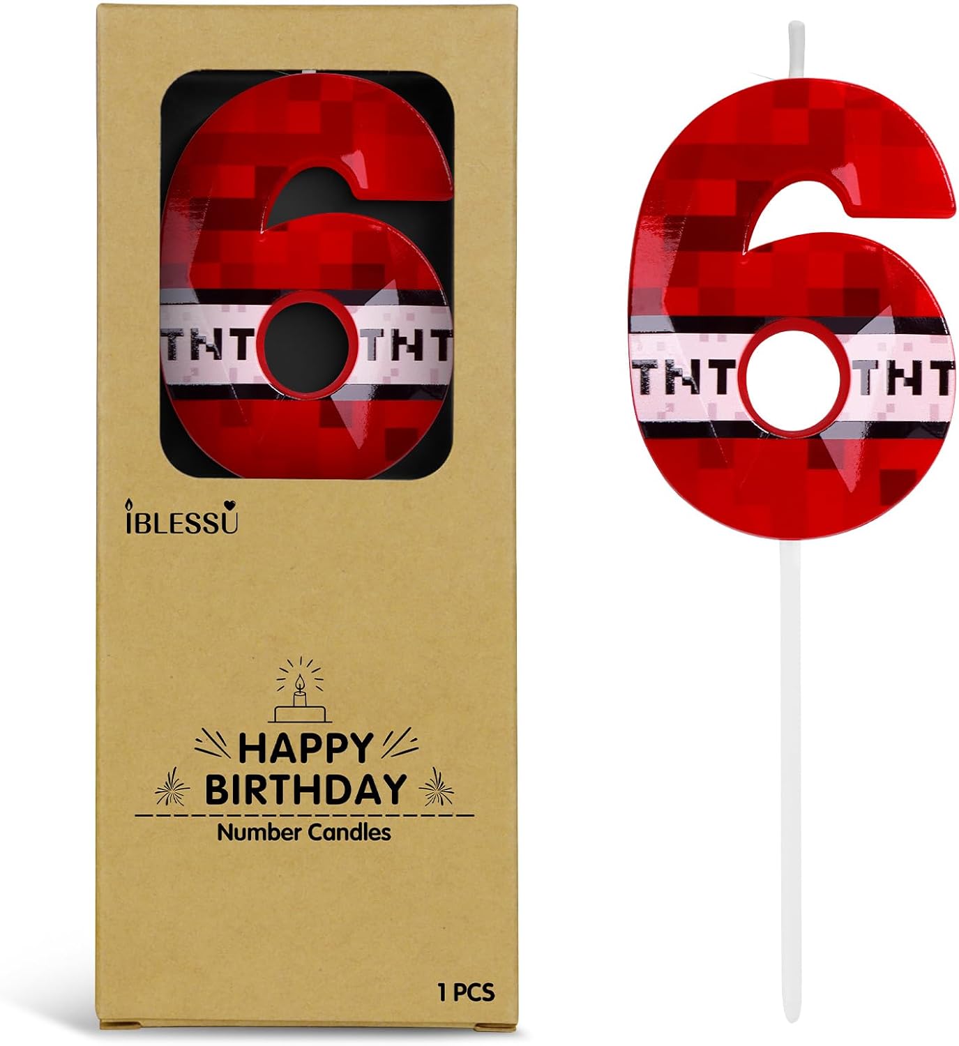 Pixel Birthday Candle, 2.68 Inch Miner Number Candles, Game Themed Candle Birthday Decoration for Pixel Theme Birthday Anniversary Dynamite Video Game Party (Red, 6)