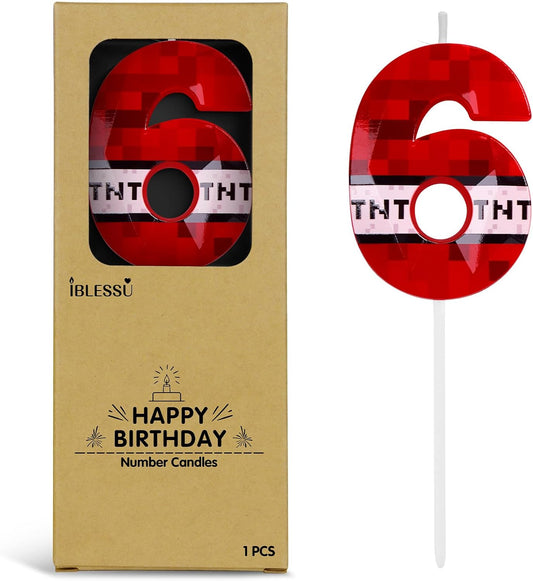 Pixel Birthday Candle, 2.68 Inch Miner Number Candles, Game Themed Candle Birthday Decoration for Pixel Theme Birthday Anniversary Dynamite Video Game Party (Red, 6)