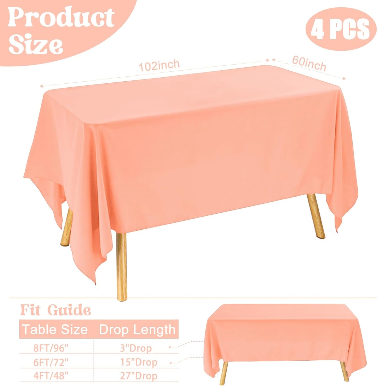 4 Pack Rectangle Tablecloth for 6 Foot Tables Washable Polyester Table Cover for Wedding Dining Table Parties Banquet（60x102 Peach Coral）