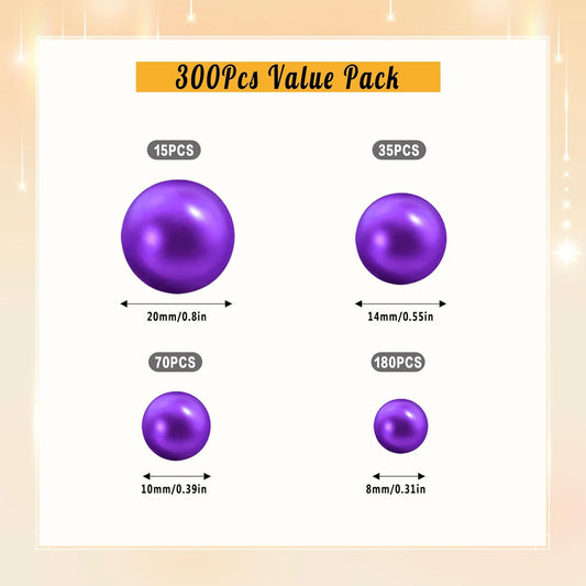 300Pcs Pearl Vase Filler, Purple No Hole Faux Pearl Beads for Centerpieces Vases, Candle Centerpieces, Wedding Birthday Party Home Decor 8/10/14/20mm