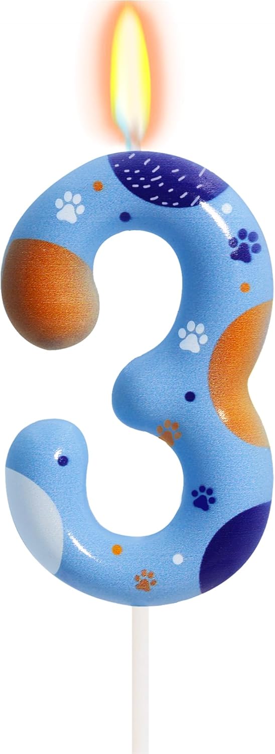 Blue Birthday Candle, Number 3 Paw Print Birthday Party Supplies, 2.76 inch Paw Cake Topper Decorations, Birthday Decorations (Number 3)