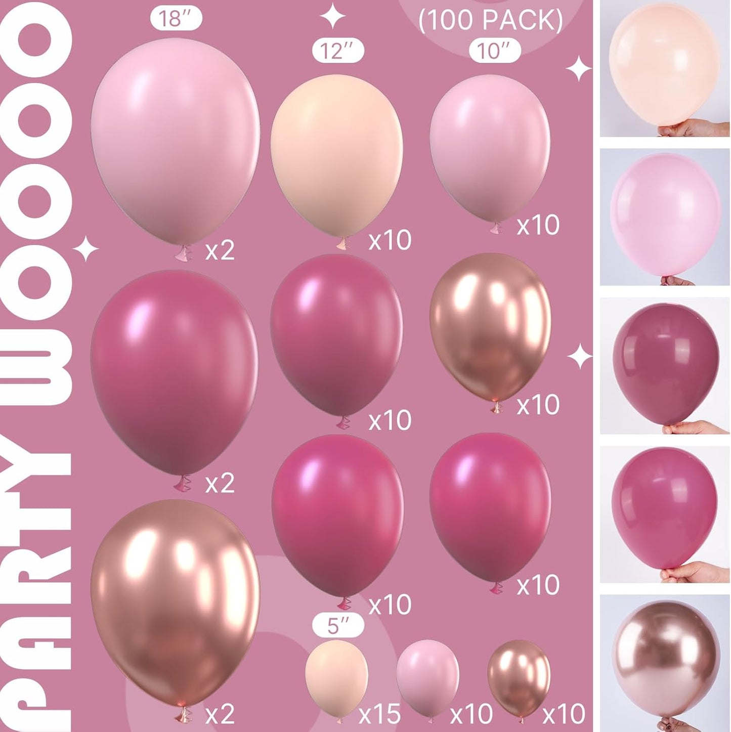 PartyWoo Dusty Pink Balloon Arch Kit Garland 100 pcs Shades of Pink and Dusty Rose Balloons Different Sizes of 18 12 10 5 Inch for Valentine's Day Bridal Shower Wedding Anniversary Party Decorations