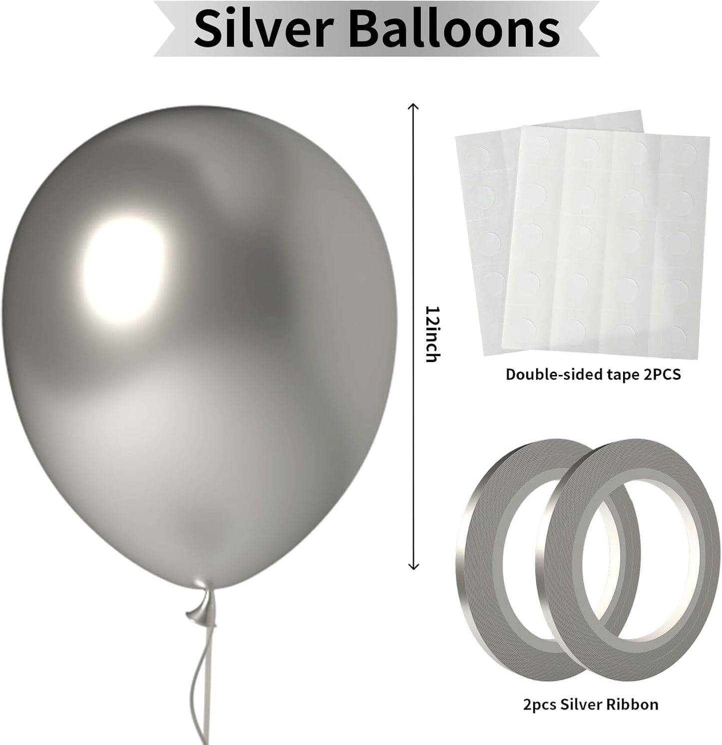 Metallic Silver Balloons 100 Pack 12 Inch Chrome Silver Latex Helium Balloon Garland for Graduation New Year Wedding Birthday Party Decorations