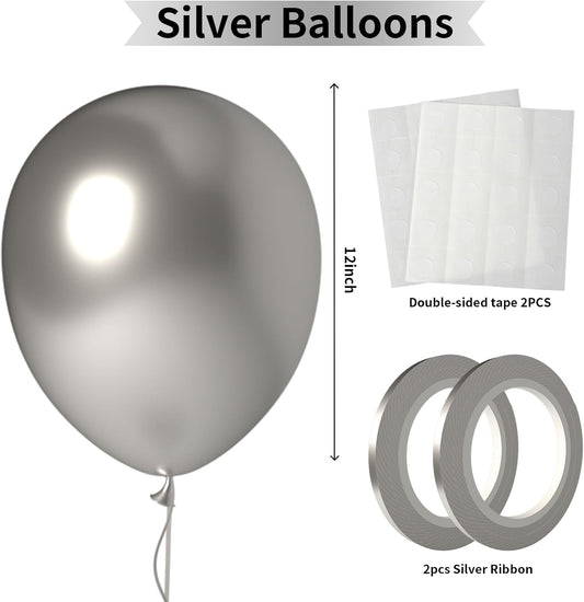 Metallic Silver Balloons 100 Pack 12 Inch Chrome Silver Latex Helium Balloon Garland for Graduation New Year Wedding Birthday Party Decorations