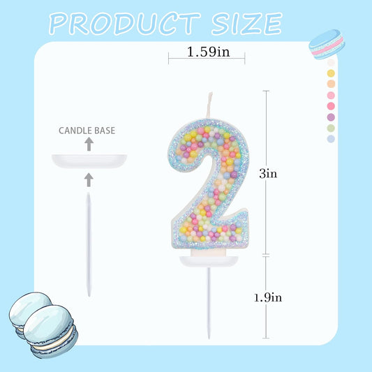 Birthday Candles - Number 2 Candle, Colorful Macaron Candles for Boys/Girls, Blue Cake Decorations, Cartoon Theme Party Supplies
