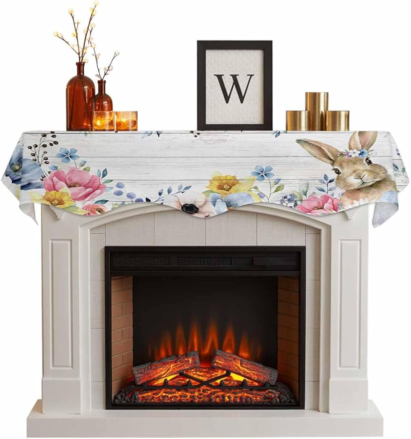 Bunny Easter Fireplace Mantel Scarf Table Runner,Spring Floral Blue Eucalyptus Leaves Wooden Winter Garland Mantel Top Tablerunners Dresser Scarves Cover for Windows Party Living Room 70"x17"