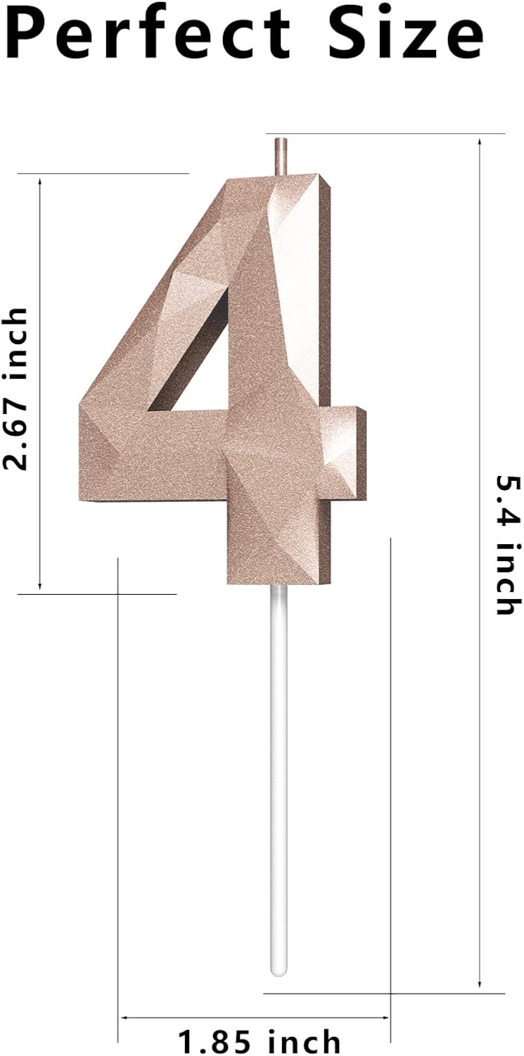 Number Birthday Candles(4 Candle Rose Gold) 3D Diamond Shape Number Happy Birthday Cake Candles for Birthday Party Wedding Decoration Reunions Theme Party