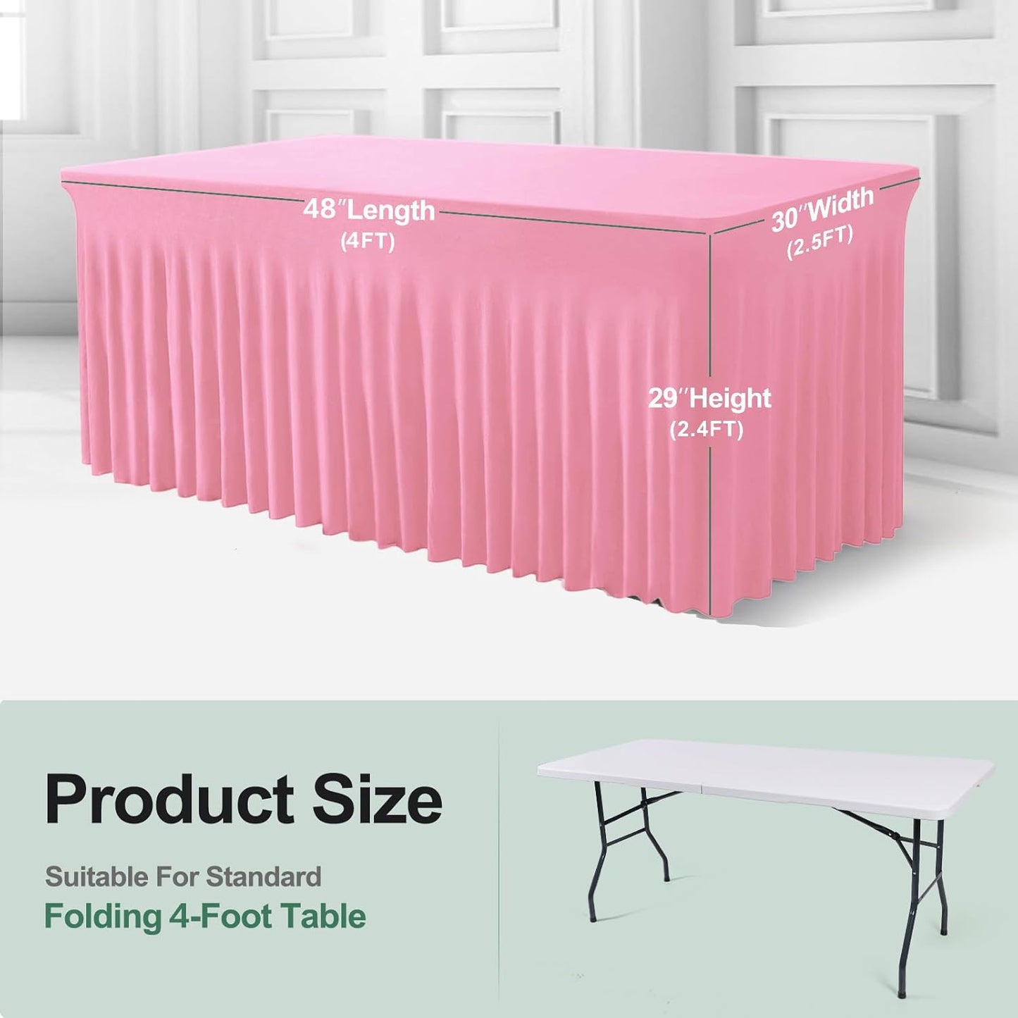Table Skirt for 4 Foot Tables - One-Piece Pink Tablecloths and Skirt, Wrinkle Resistant Ruffles Elastic Cover for Banquets, Weddings, Events, Parties