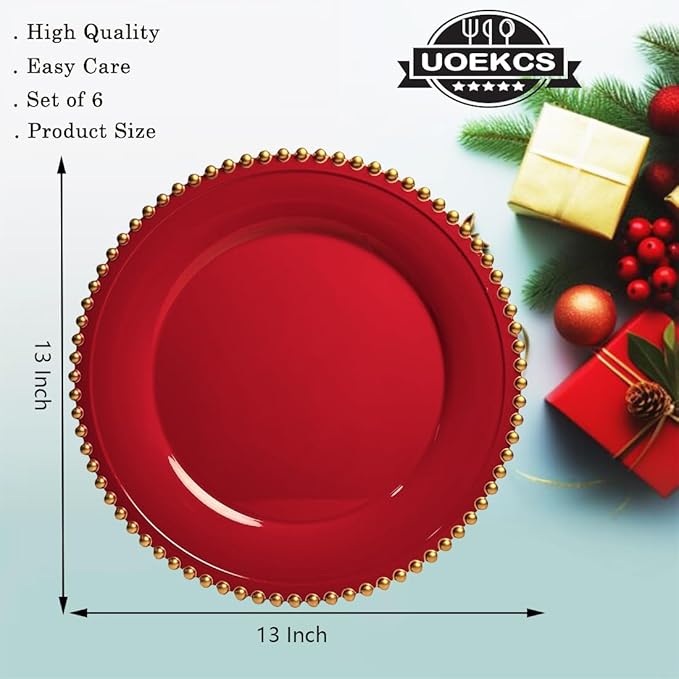 Red Charger Plates, 13 Inch Plastic Beaded Chargers for Dinner Plates, Party, Wedding, Birthday. Table Setting, (Set of 6)