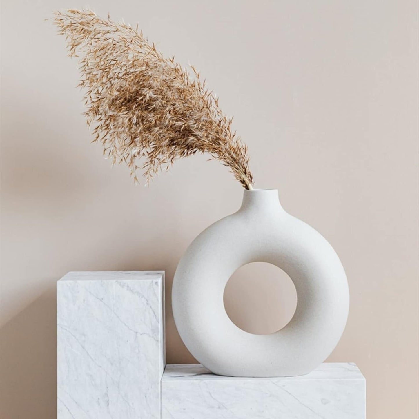 White Circle Ceramic Vase for Decor, Circular Matte Hollow Donut Flower Vases Decorative Minimalist Modern Nordic Boho Style for Home Living Room Office Bedroom Table (H7.5'' × W7.1'')