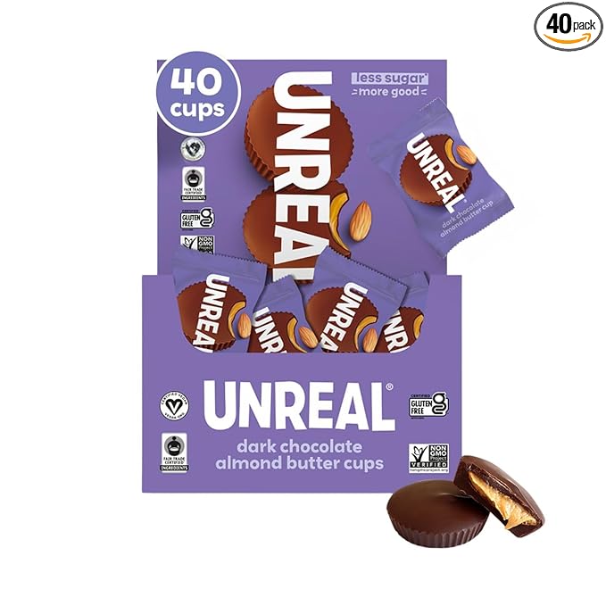 UNREAL Dark Chocolate Almond Butter Cups| 5g Sugar | Certified Vegan, Gluten Free, Fair Trade, Non-GMO | No Sugar Alcohols or Soy | 0.53 Ounce (Pack of 40)