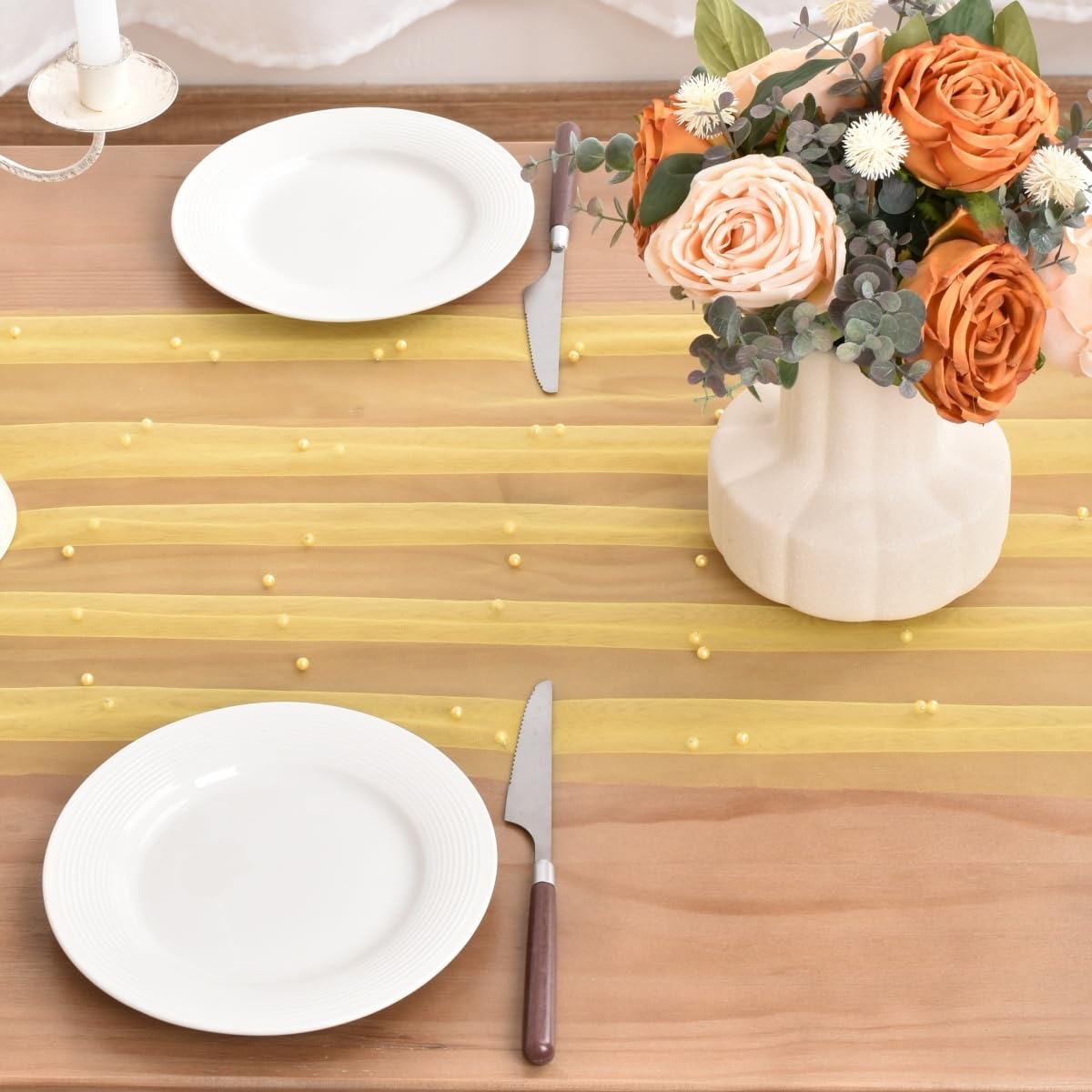 Yellow Pearl Fall Thanksgiving Table Runner Boho Rustic Tulle Lace Table Runner for Baby Shower Wedding Arch Decor Veil Dessert Table Decor