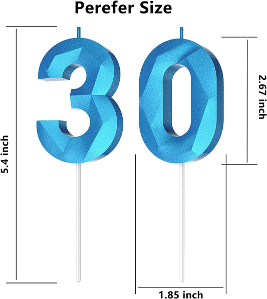 Number Birthday Candles(30 Candle Blue) 3D Diamond Shape Number Happy Birthday Cake Candles for Birthday Party Wedding Decoration Reunions Theme Party