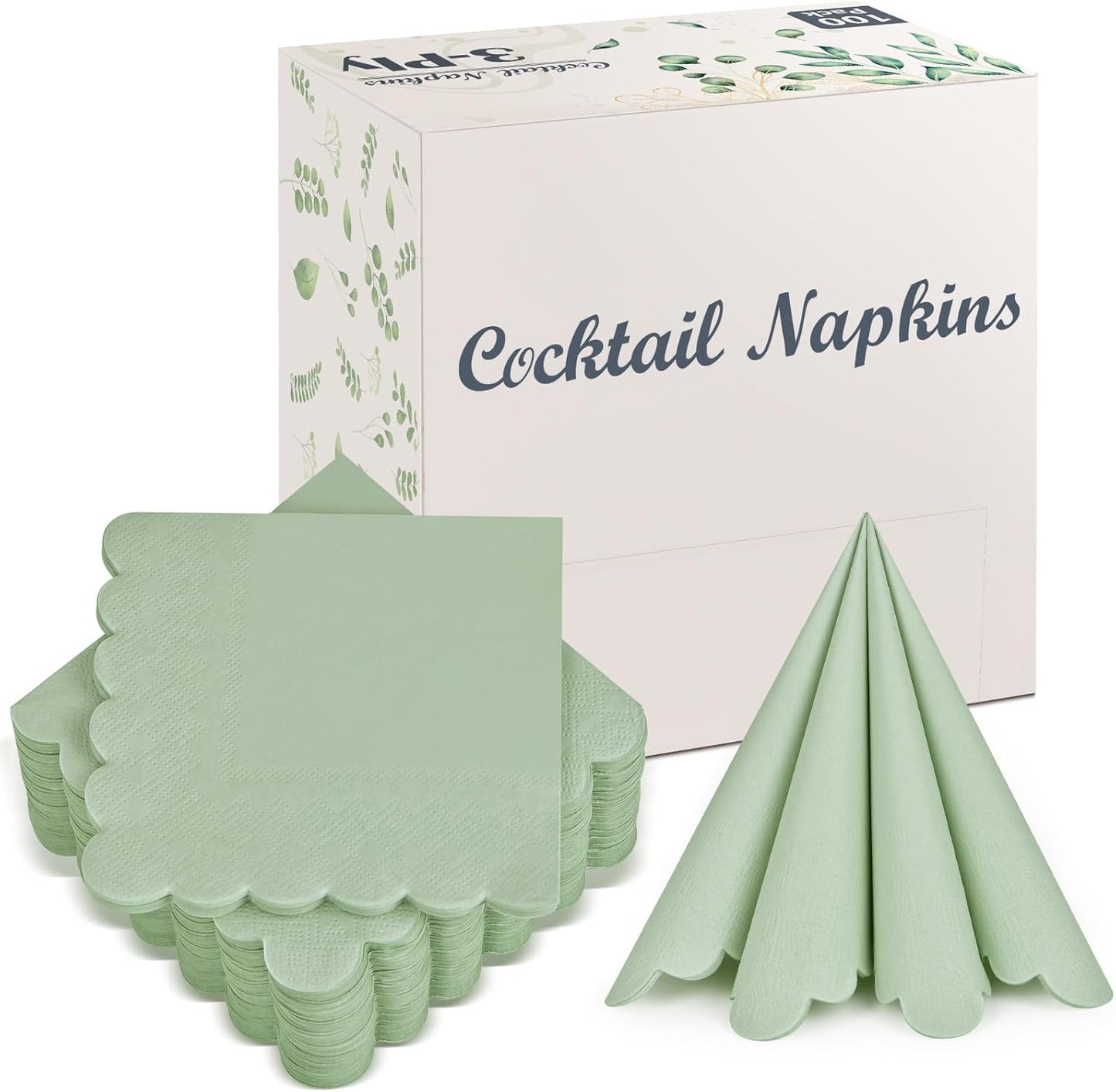 100 Pack Cocktail Napkins, 3-Ply Scalloped Edged Wedding Napkins Folded 5 x 5 Inches Dessert Napkins, Disposable Napkins for Dinner Birthday Party Bridal Anniversary Baby Shower Reception (Sage Green)