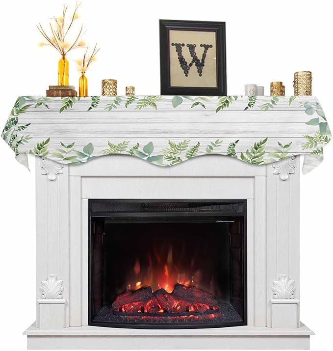 Eucalyptus Leaves Fireplace Mantel Scarf Table Runner, Summer Pastoral Botanical Gray Wooden Winter Garland Mantel Top Tablerunners Dresser Scarves Decorations for Windows Party Living Room 70''x17''
