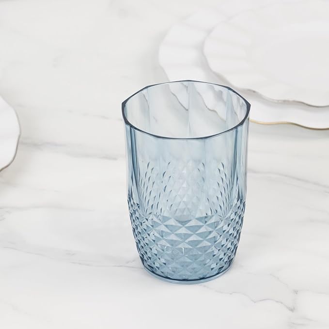 Efavormart 6-Pack Plastic Tumblers, 16oz Unbreakable Drinking Glasses Crystal Cut Style Dusty Blue - Shatterproof Short Cups