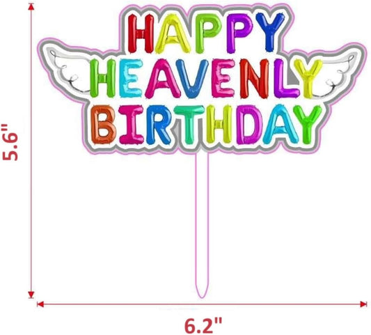 Original Heavenly Birthday Cake Topper - Colorful "Happy Heavenly Birthday" with Angel Wings - 2 Pack Memorial