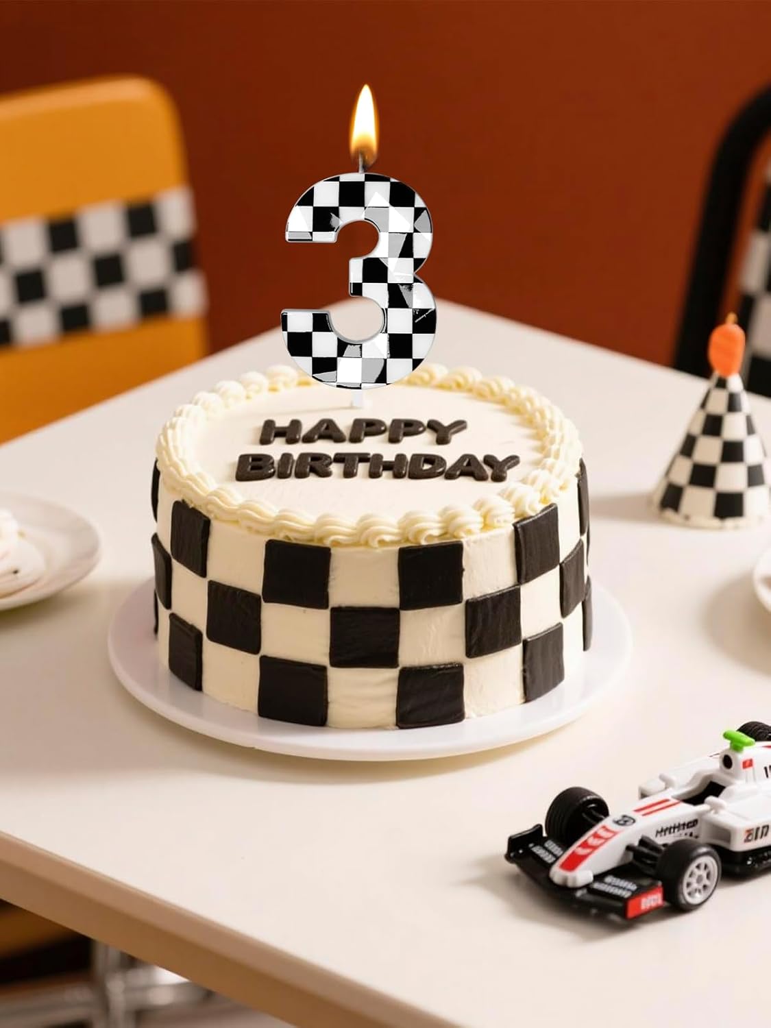 Number 3 Racing Cars Birthday Candles,2.68 Inch Black White Checkered Birthday Number Candles, Cool Racing Themed Number Candles for Boys and Girls, Kids Race Car Themed Party Decorations Supplies