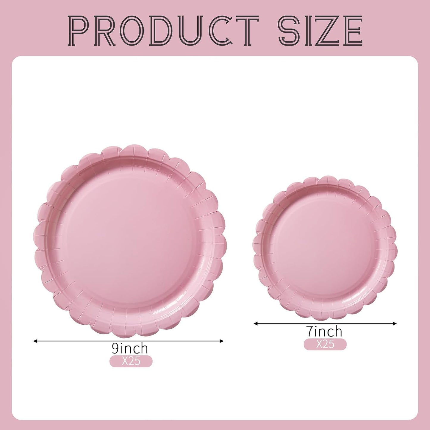BEFORYOU 50PCS Scalloped Disposable Paper Plates Dessert Cake Party Plates for Baby Shower, Wedding,Bridal Shower Birthday Party Supplies (Pink, 7IN and 9IN)