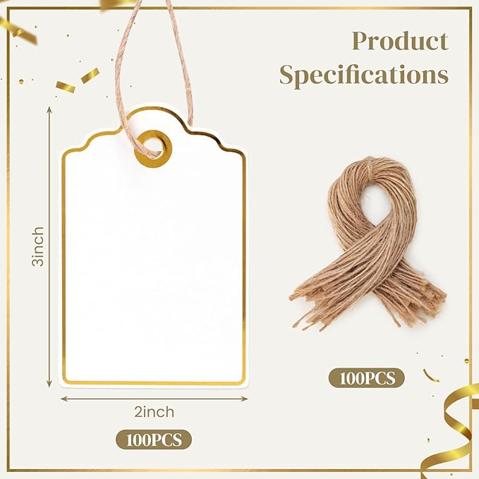 VGOODALL 100PCS Gift Tags with String Attached, 2 x 3 Inches Paper Tags with String Hanging Label for Party Wedding Birthday Baby Shower