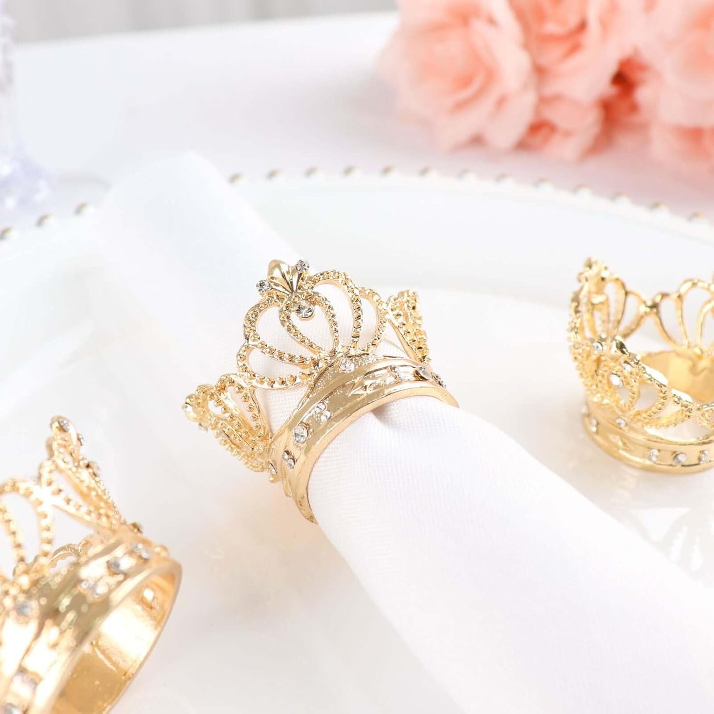 Efavormart 4 Pack | Metallic Gold Crown Rhinestone Napkin Rings, Royal Bling Napkin Holders