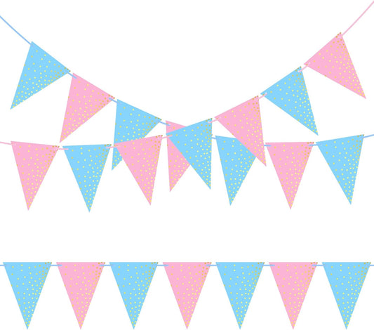 ASTARON 2 Pack Gender Reveal Bunting Blue & Pink Banner for Gender Reveal Party Supplies Baby Shower Decorations Boys Girls Birthday Party Decorations