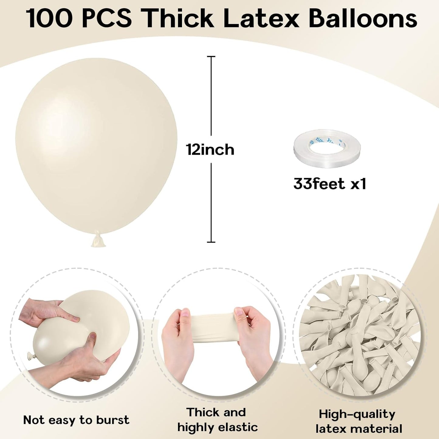 Sand White Balloons, 12 Inch, 100 Pack - Boho, Cream, Matte, Retro, Off White, Neutral, Helium Balloons for Birthday, Wedding, Baby Shower Parties