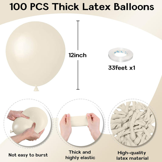 Sand White Balloons, 12 Inch, 100 Pack - Boho, Cream, Matte, Retro, Off White, Neutral, Helium Balloons for Birthday, Wedding, Baby Shower Parties