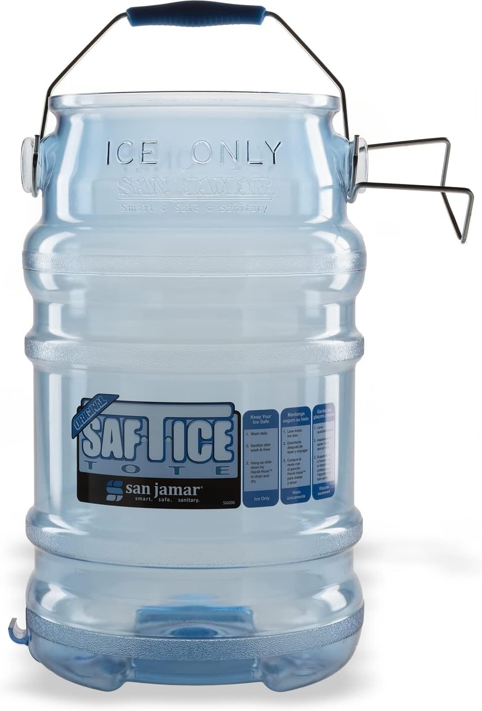 San Jamar Saf-T-Ice Plastic Ice Tote, Ice Bucket with Drying and Storage Hook for Restaurants, Bars, Catering Events, Buffets, 6 Gallons, Blue