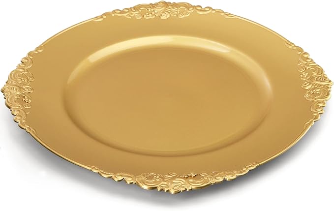 Okllen 12 Pack Gold Charger Plates, 13" Round Dinner Charger Plates with Embossed Rim for Catering, Wedding, Tabletop Decor