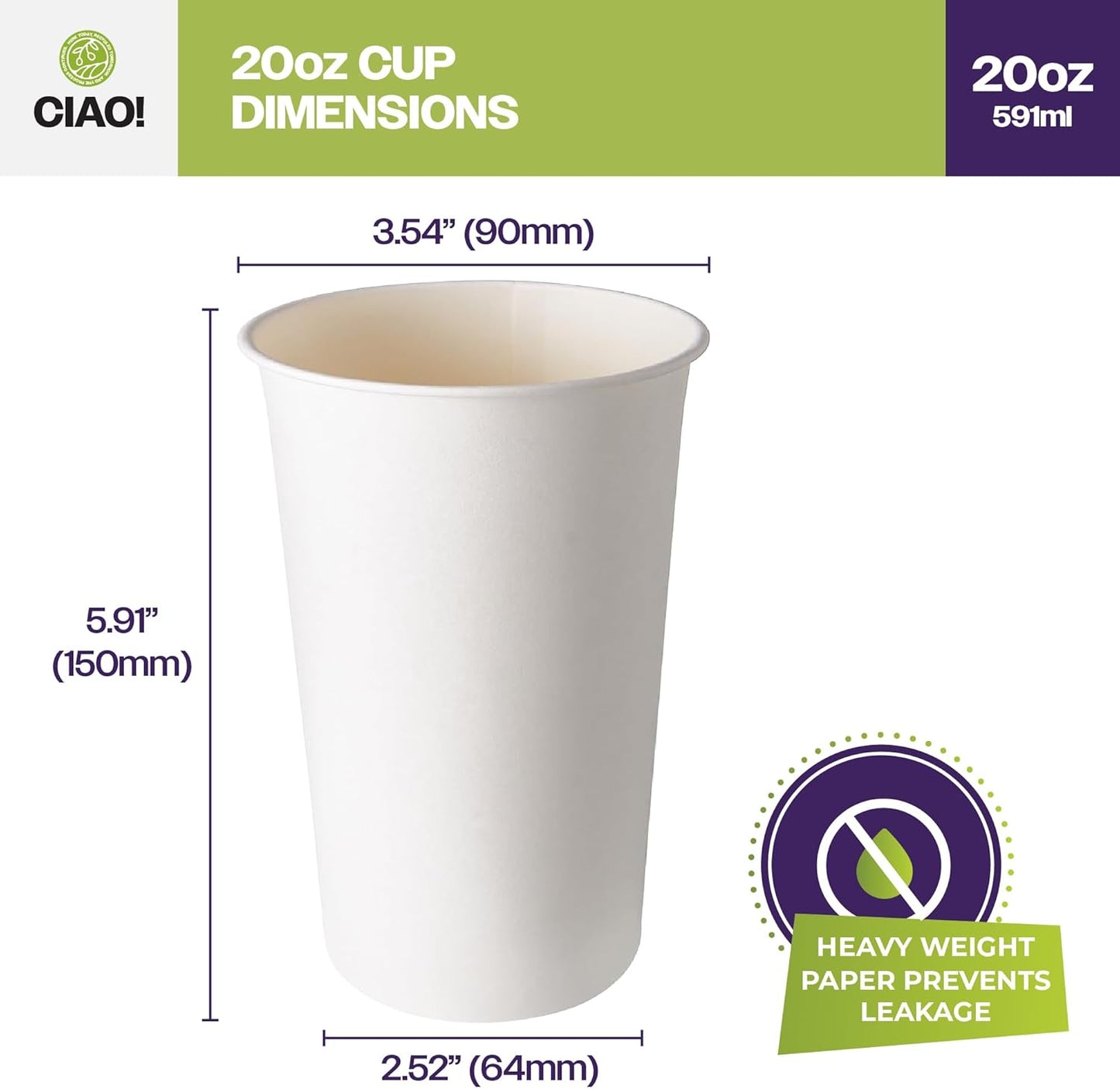 CIAO! 20oz White Paper Hot Cup, Disposable, 90mm Diameter 600 Count