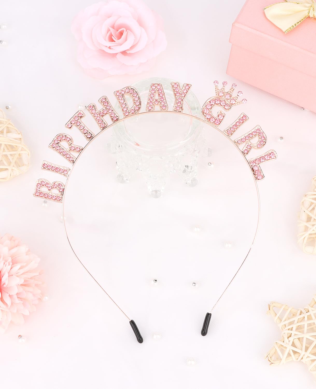 Wecoe Rose Gold Birthday Girl Headband - Sparkling Rhinestone Tiara Crown Hair Accessories for Women Girls - Happy Birthday Party Decorations, Princess Birthday Gift Idea