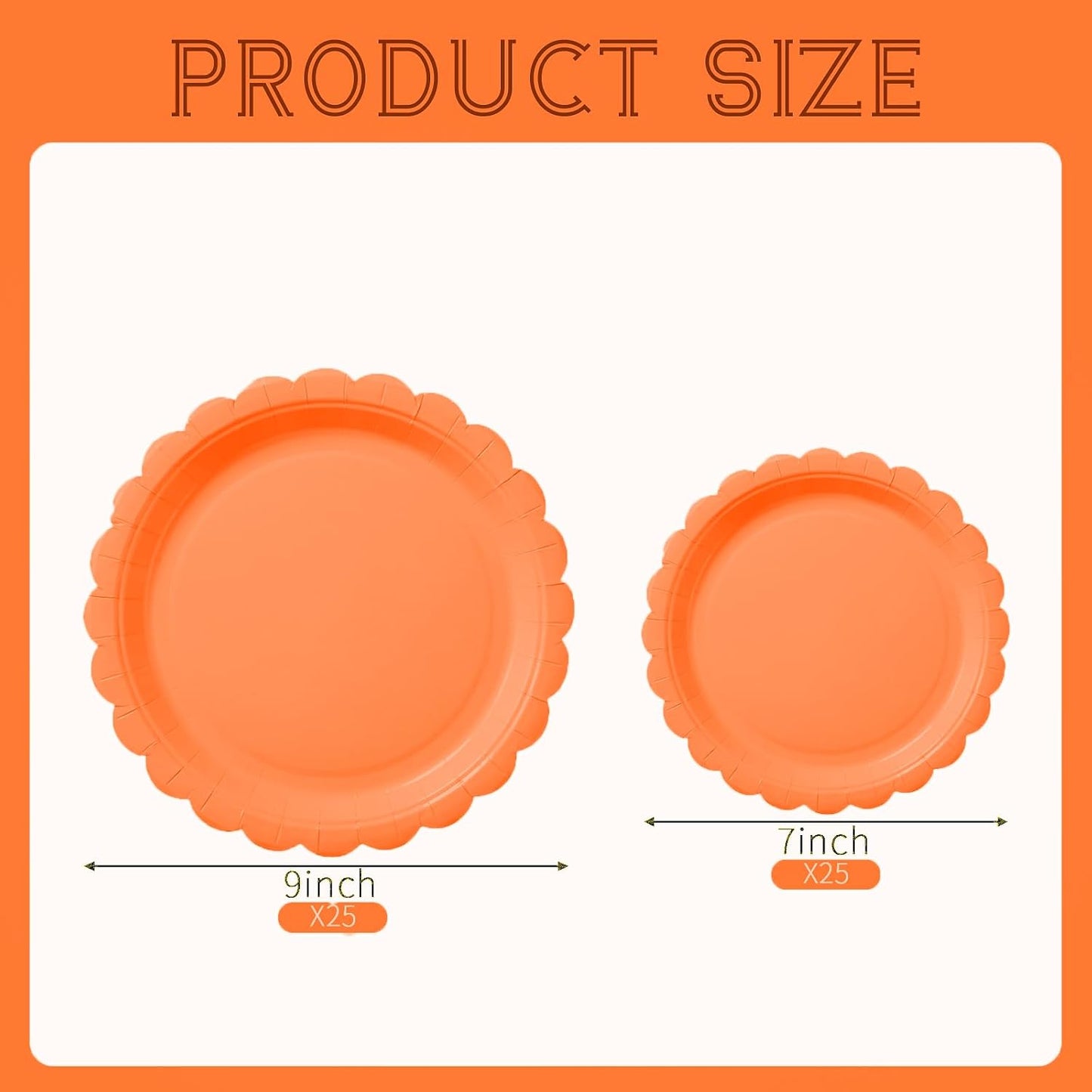 BEFORYOU 50PCS Scalloped Disposable Paper Plates Dessert Cake Party Plates for Baby Shower, Wedding,Bridal Shower Birthday Party Supplies (Orange, 7IN and 9IN)