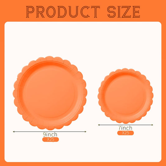BEFORYOU 50PCS Scalloped Disposable Paper Plates Dessert Cake Party Plates for Baby Shower, Wedding,Bridal Shower Birthday Party Supplies (Orange, 7IN and 9IN)