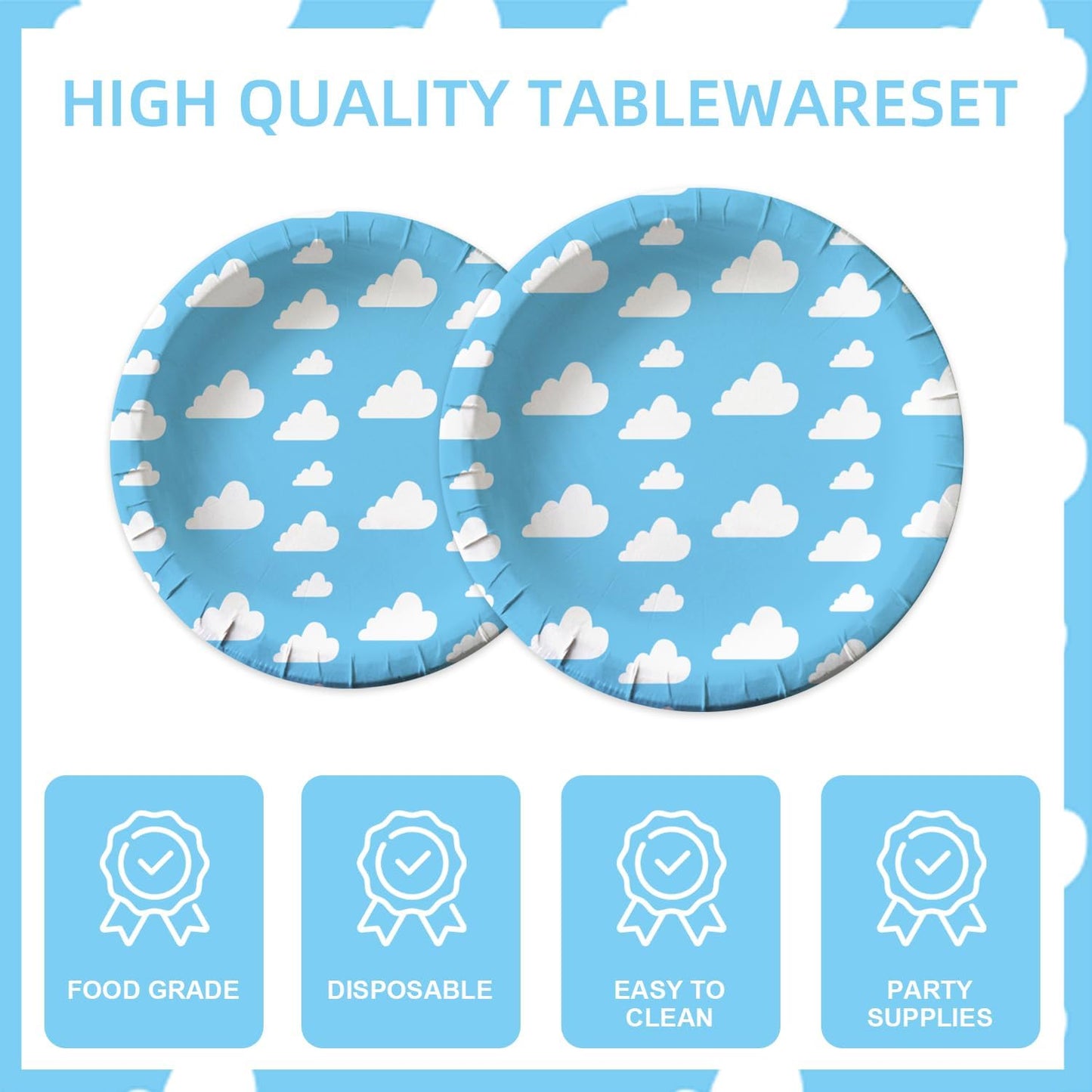 141pcs Blue Sky White Clouds Party Decorations,Cartoon Story Party Disposable Tableware Includes Dinner Paper Napkin Cup Knife Fork Straws Tablecloth Toy Inspired Story Supplies set