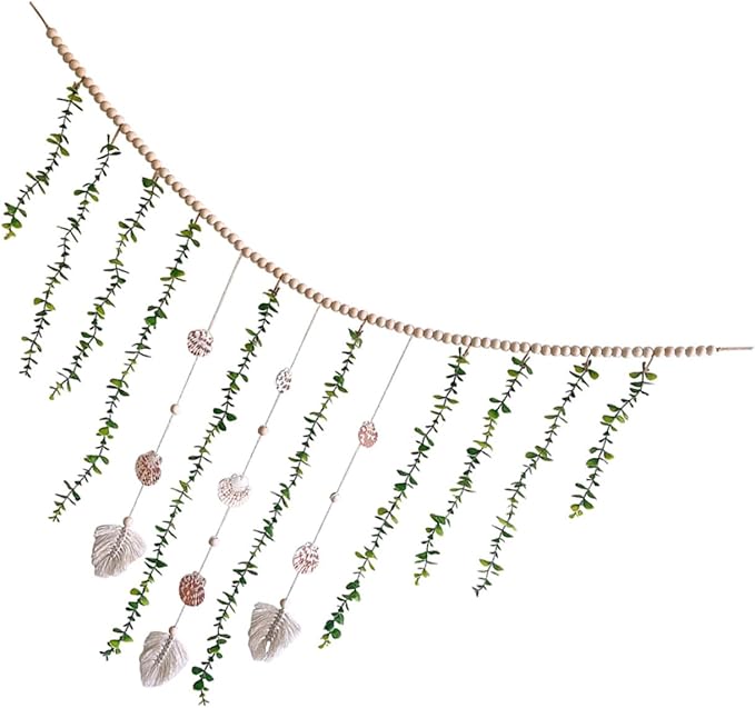 Wooden Bead Pendant with Artificial Eucalyptus Leaves Hanging Garland Lightweight Rustic Wall Decor for Bedroom Farmhouse Style Leaf Vines Pastoral Accent for Home and Party