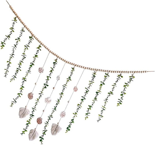 Wooden Bead Pendant with Artificial Eucalyptus Leaves Hanging Garland Lightweight Rustic Wall Decor for Bedroom Farmhouse Style Leaf Vines Pastoral Accent for Home and Party