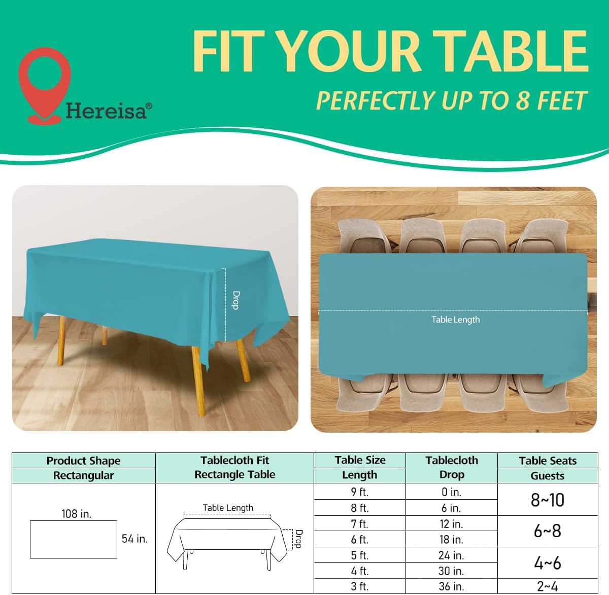 Disposable Aqua Plastic Tablecloth 54x108 Inch, 10-Count Waterproof Rectangle Table Cover for Events, Catering
