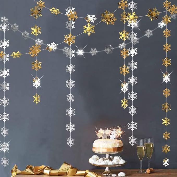 Cheerland Clearance Silver and Gold Snowflake Decorations Hanging Winter Birthday Party Garland Christmas Snowflakes Xmas Snow Flake Streamer Wall Backdrop Holiday Classroom Baby Showers Office Decor