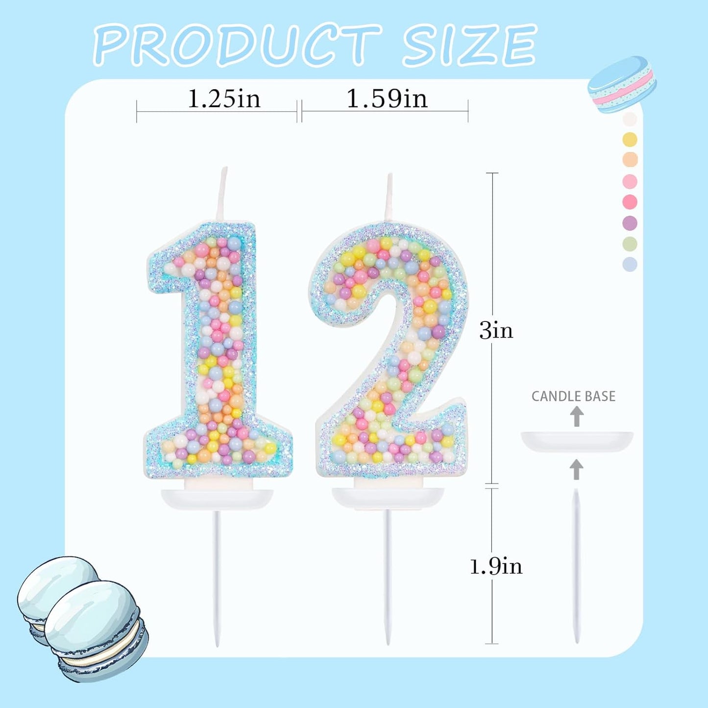 Blue Birthday Candles - Number 12 Candle, Colorful Macaron Candles, 12 Birthday Decorations for Girls Boys, Cake Decorations, Theme Party Supplies (Blue)