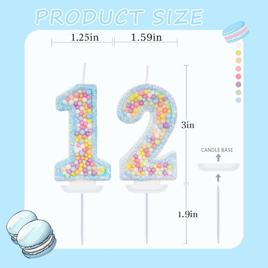Blue Birthday Candles - Number 12 Candle, Colorful Macaron Candles, 12 Birthday Decorations for Girls Boys, Cake Decorations, Theme Party Supplies (Blue)