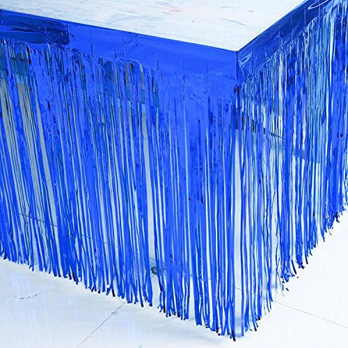 Set of 2 Metallic Foil Fringe Table Skirt 29x108 Inch Tinsel Disposable Skirting for Parade Floats Trailer, Mardi Gras Party, Birthday, Baby Shower, Wedding (Blue)