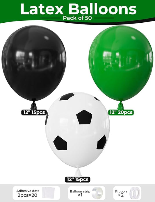 Soccer Balloons, 50 Pcs 12 Inch Green Black Soccer Print Latex Balloons for Boys Kids Soccer Birthday Party Decorations, Sports Theme Party Supplies